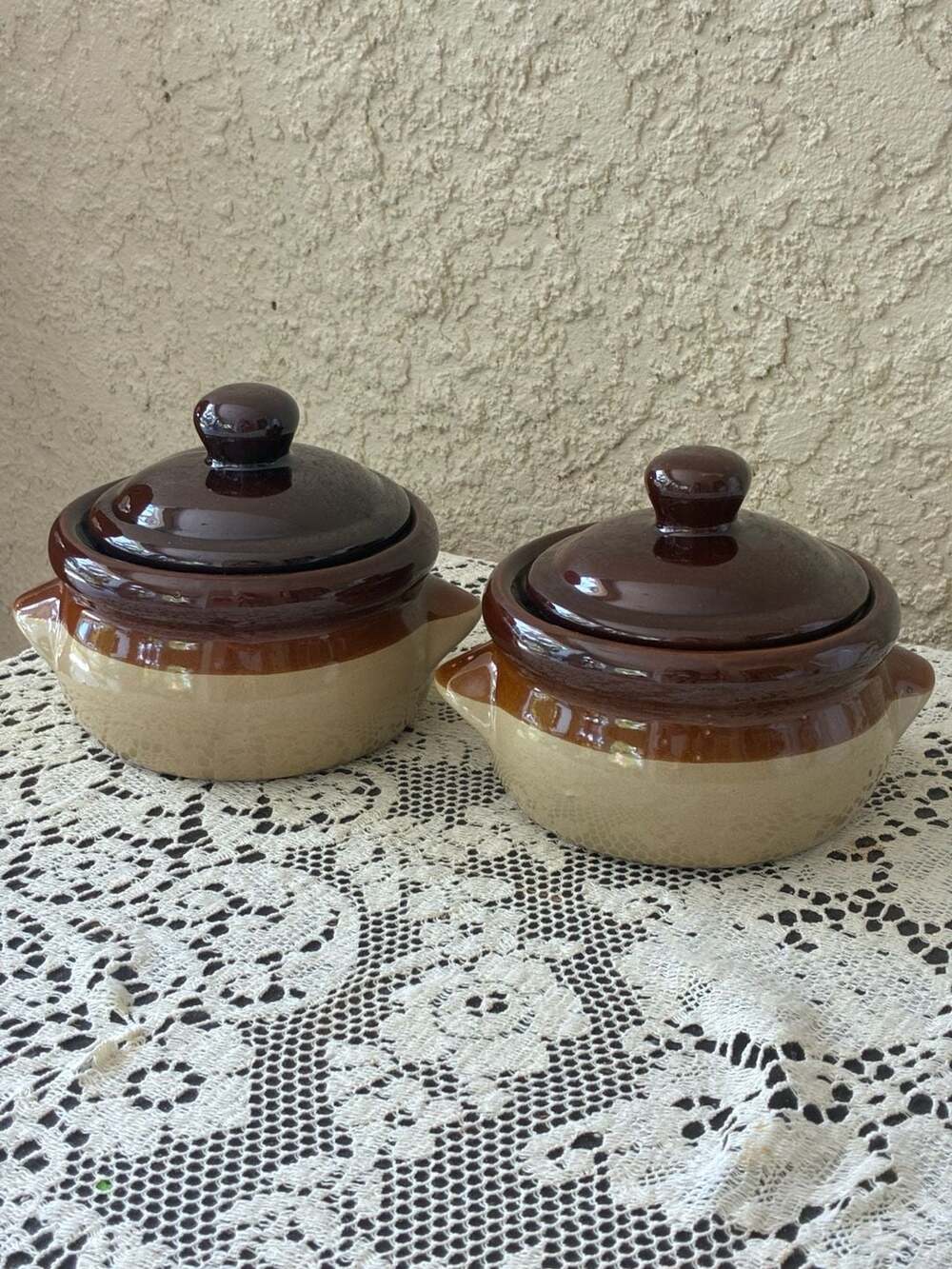 Vintage Brown and Tan Stoneware French Onion Soup Bowls with Lids Set of 2